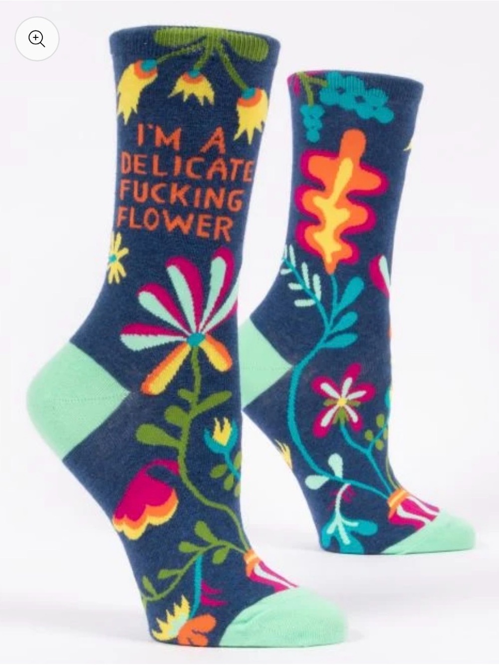 Blue Q navy floral crew socks w/ mint orange “I’m a delicate f*ckin flower” NWT